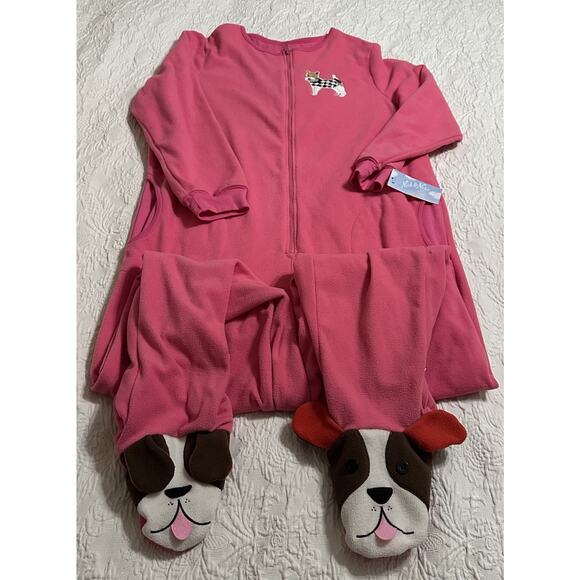 Nick & Nora One Piece Footed Pajama Sleepwear Women Sz L Fleece Pink Dog Zip NEW - Picture 1 of 14